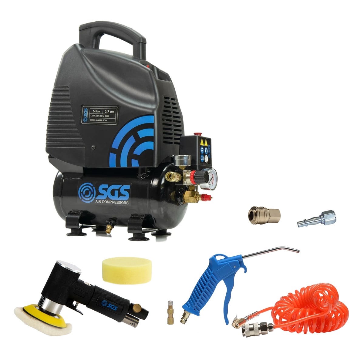 SGS 6 Litre Silent Oil‑Free Air Compressor With Mini Polisher & Blower Kit – 3.9CFM 0.75HP 6L